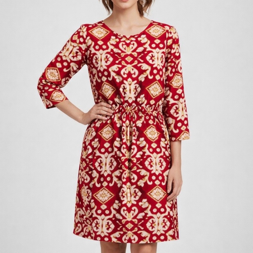 J McLaughlin Red Orange Geometric Pleated Catalina Cloth Mia Dress Size XS